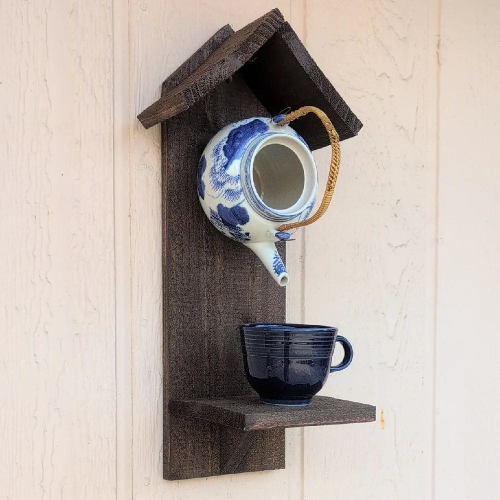 Rustic Wooden Handcrafted Bird Feeder Teapot Blue Bird Cafe - Picture 4 of 16